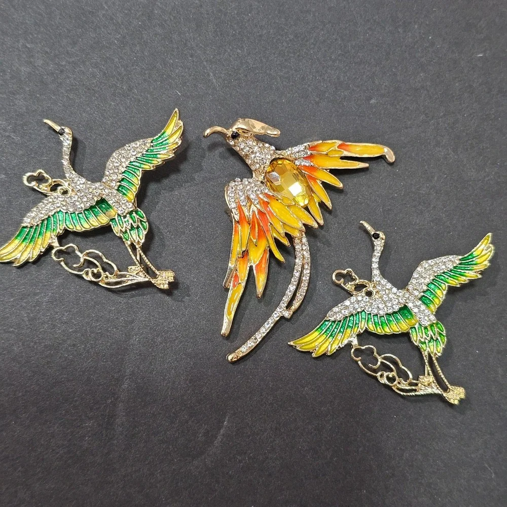 Enamel Rhinestone Bird Brooch Set Grern Orange Gold Phoenix Crane  Statement